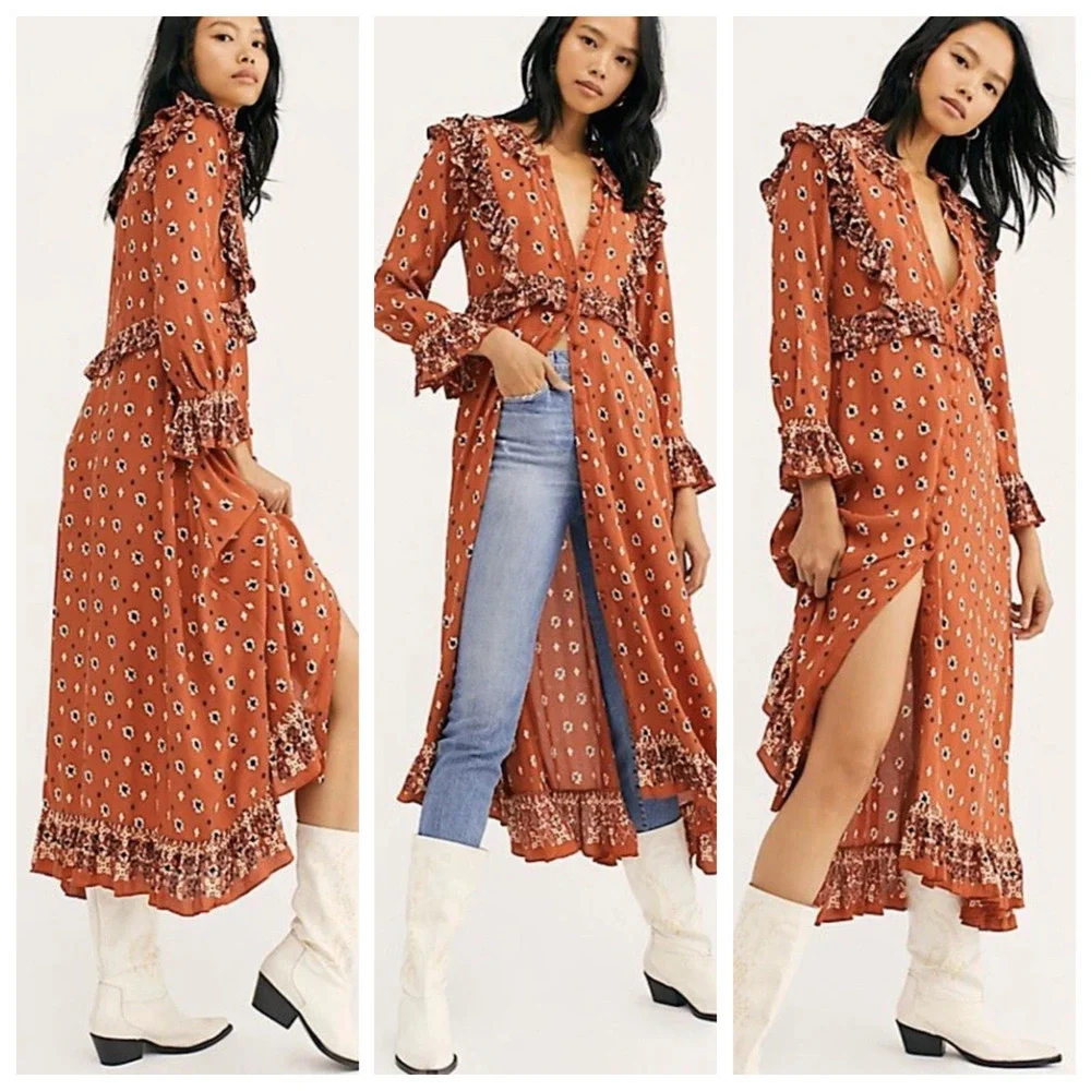 Free People Calico Skies Midi Dress Ruffle Button Boho Cottagecore Western Large - Picture 1 of 16